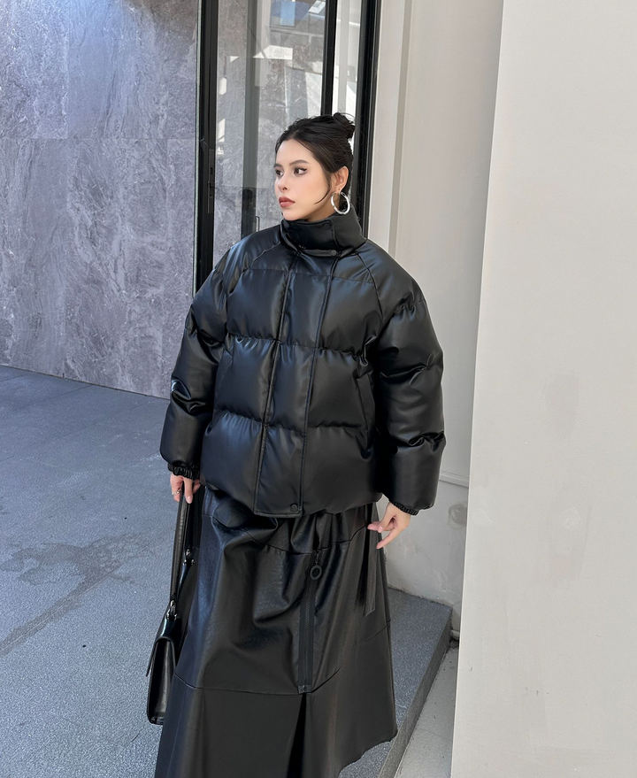 PU leather stand collar padded short volume down jacket
