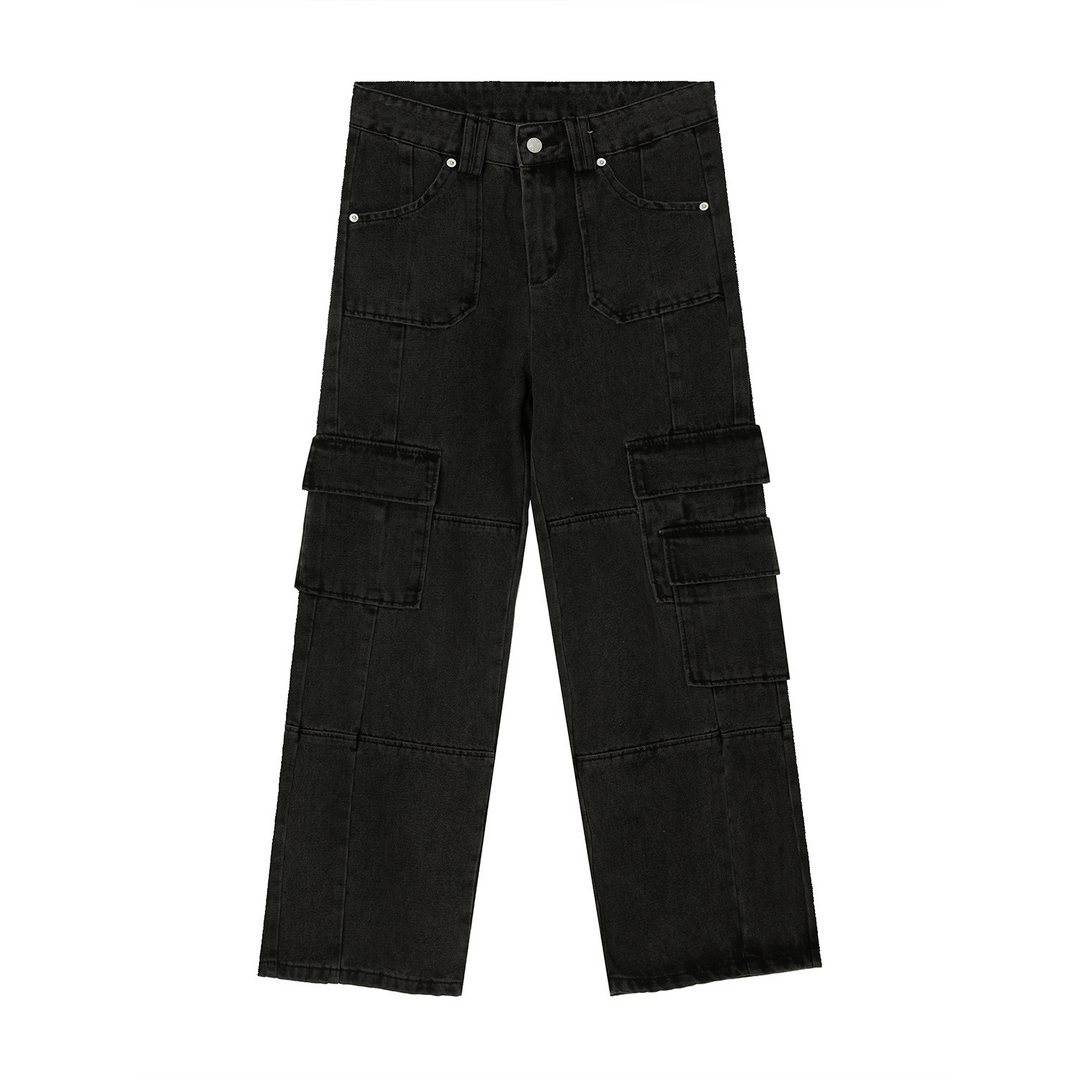 Water-washed loose-fitting wide jeans