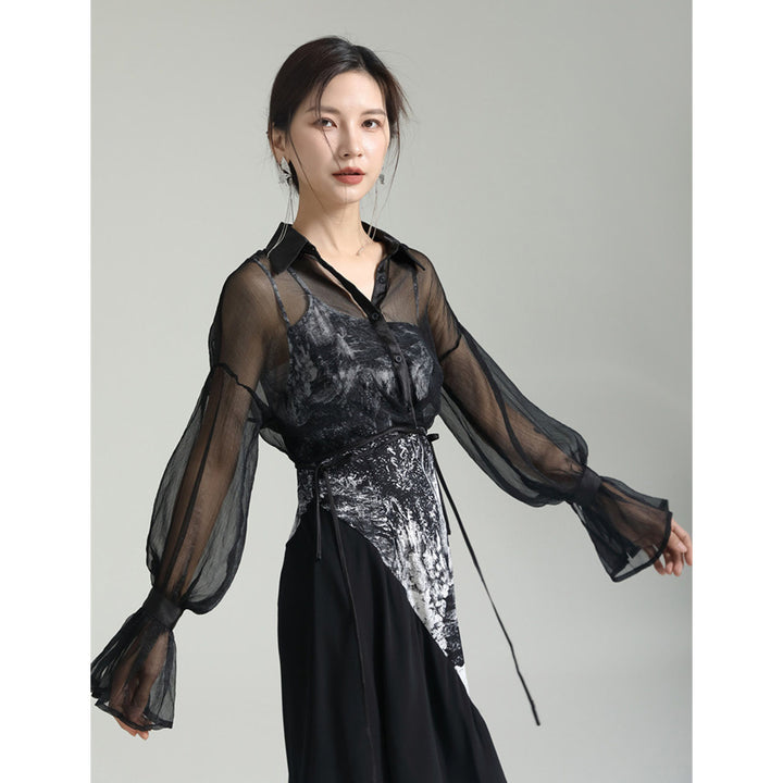 Shirring Sleeve Seer Shirt & Asymmetry Flare Print Camisole Onepiece ¥6,480 / ¥8,980