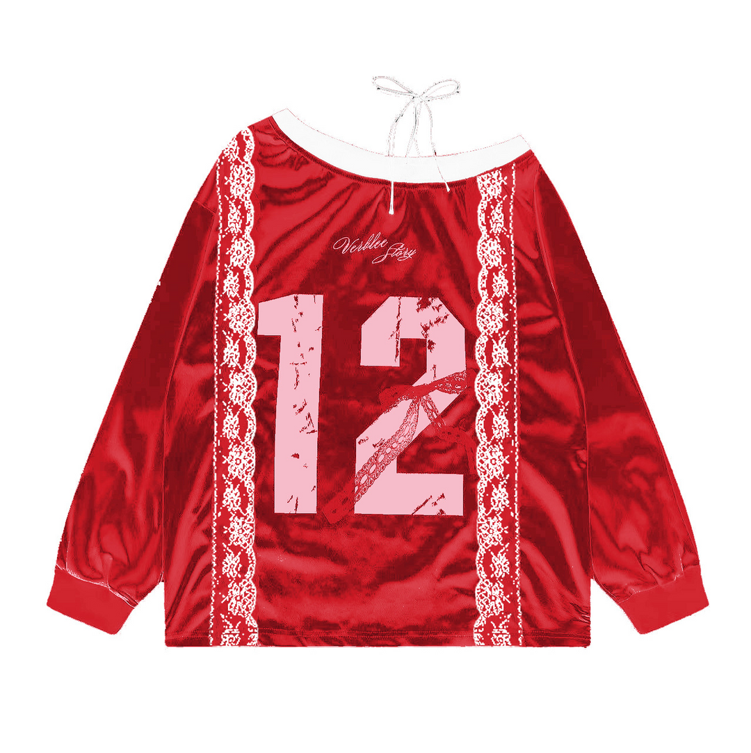 Numbering Lace Ribbon Long Sleeve Tops
