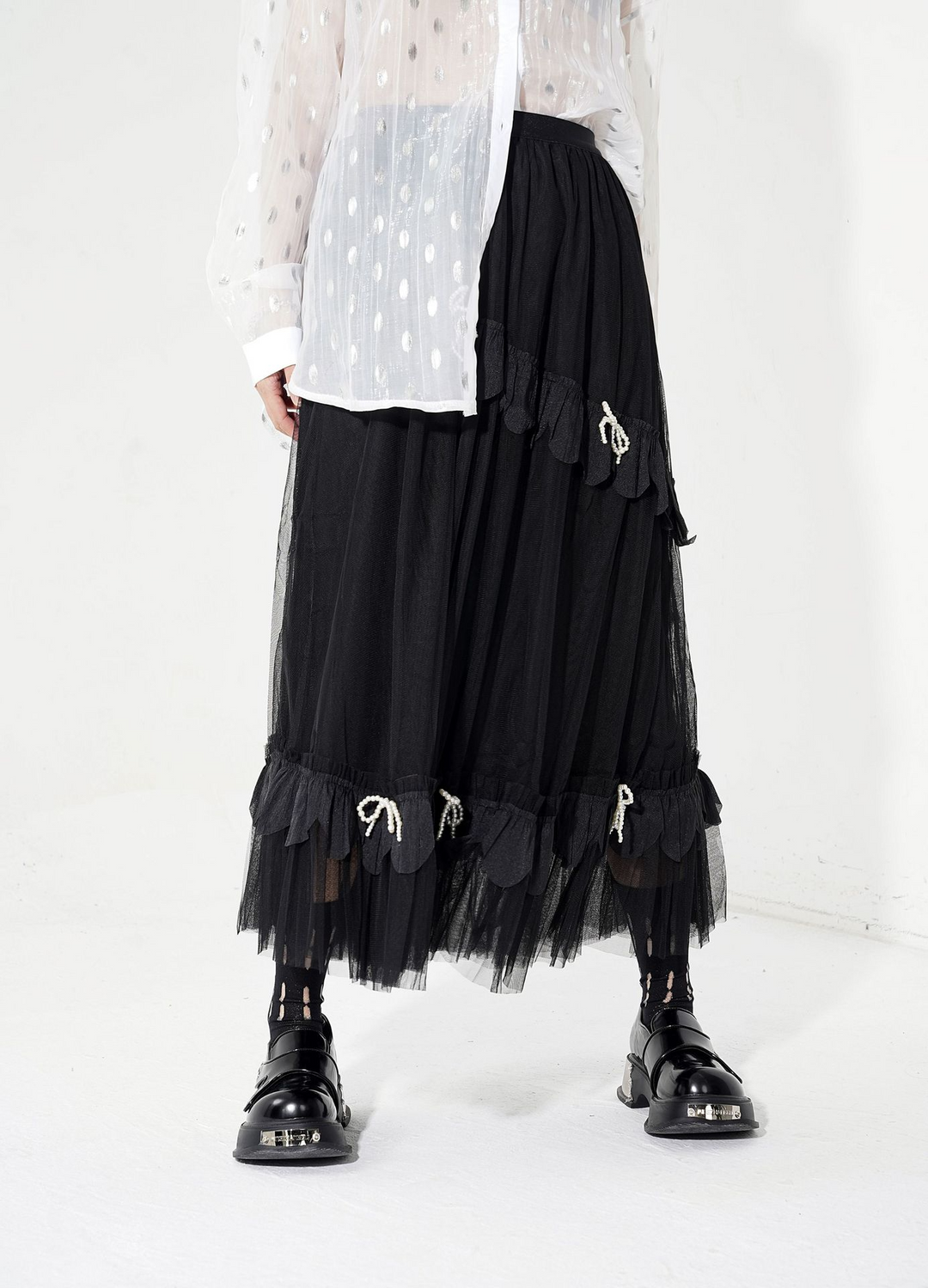 Layered tulle ribbon long skirt