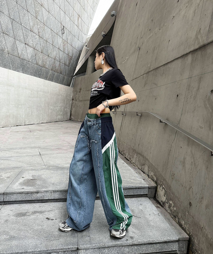 Color contrast stitching cuffed high waist jeans