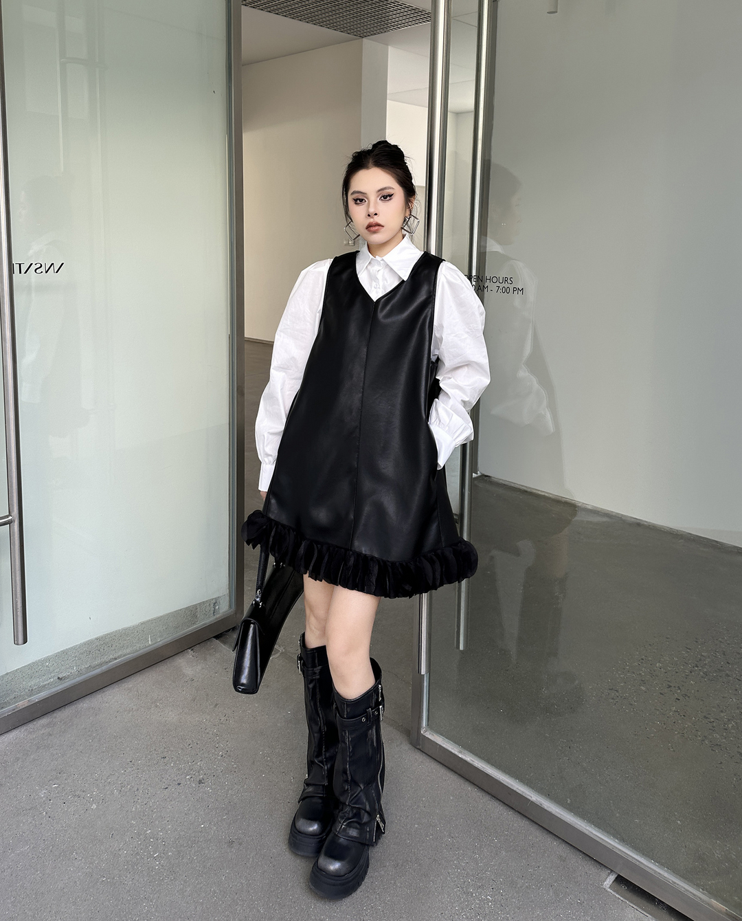 Puff sleeve collar shirt & PU leather v-neck onepiece