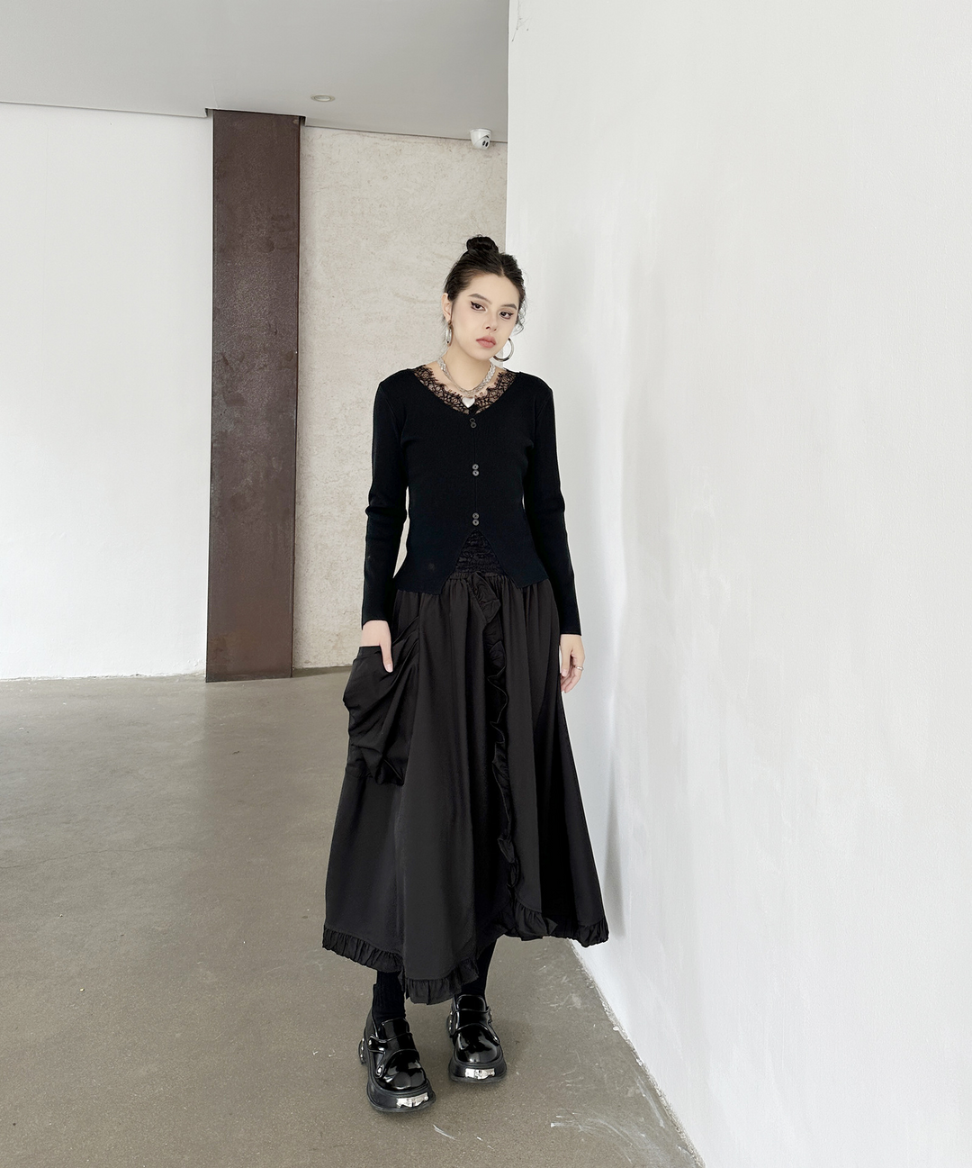 Large pocket asymmetric frill high waist skirt