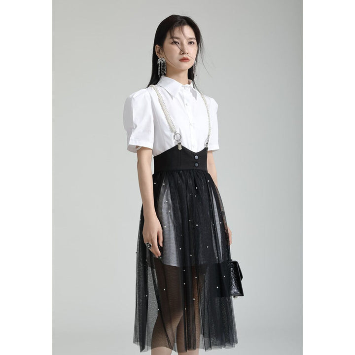 Power Shoulder Long Shirt & Tulle Skirt