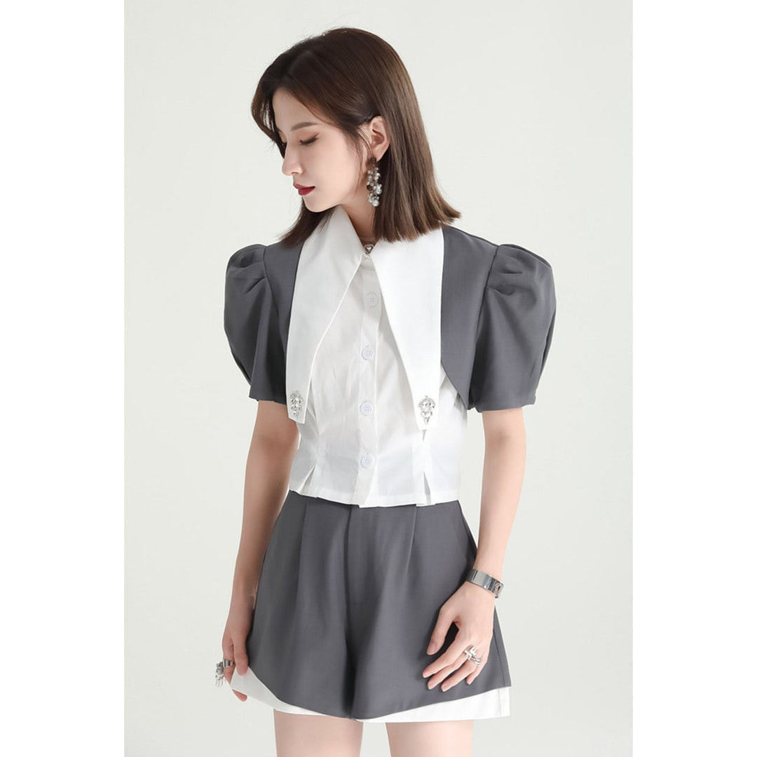 Puff Sleeve Compact Blouse & Monotone Layered Pants