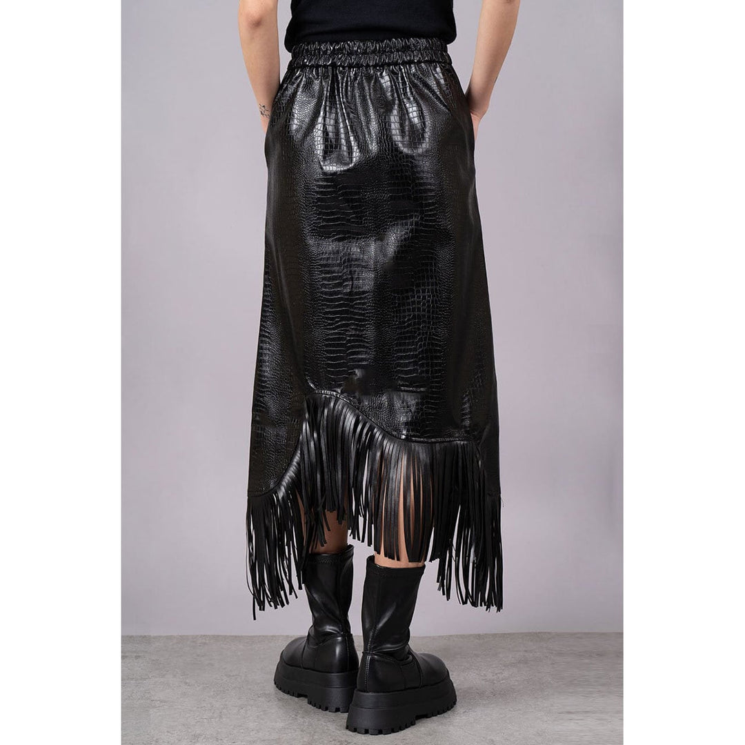 Embossed PU Leather Asymmetry Fringe Skirt