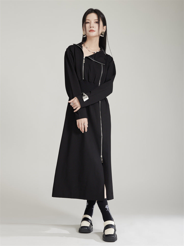 Waist Tightening Zipper Split Mid length Dress