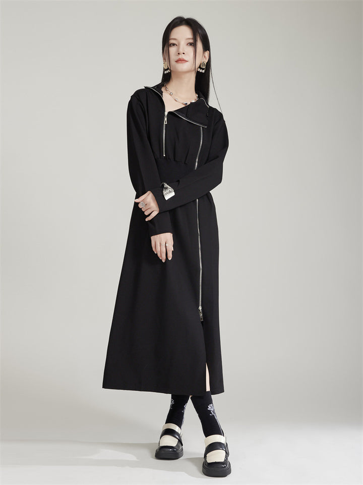 Waist Tightening Zipper Split Mid length Dress