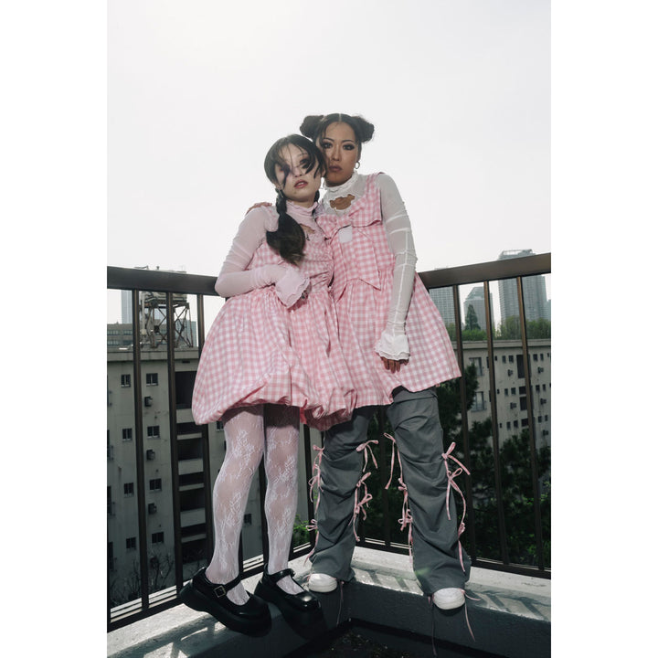 Front ribbon sleeveless onepiece (Beige Check) ¥8,980 / ¥9,480