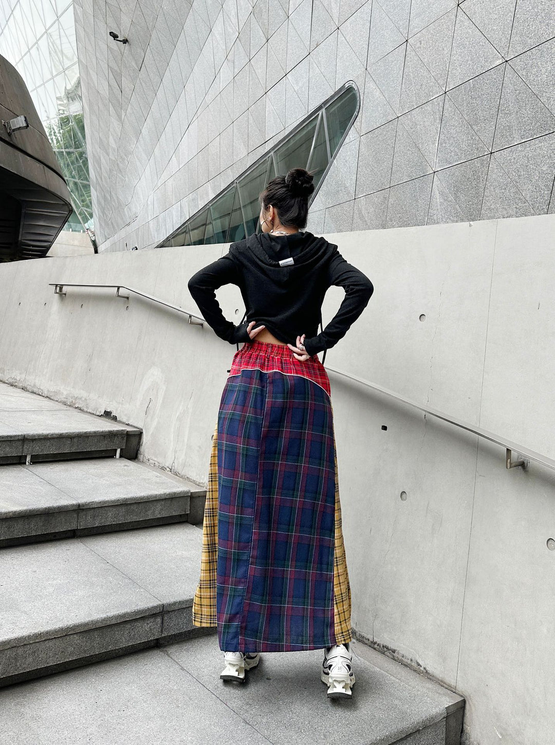 Patchwork plaid high waist A-line denim skirt