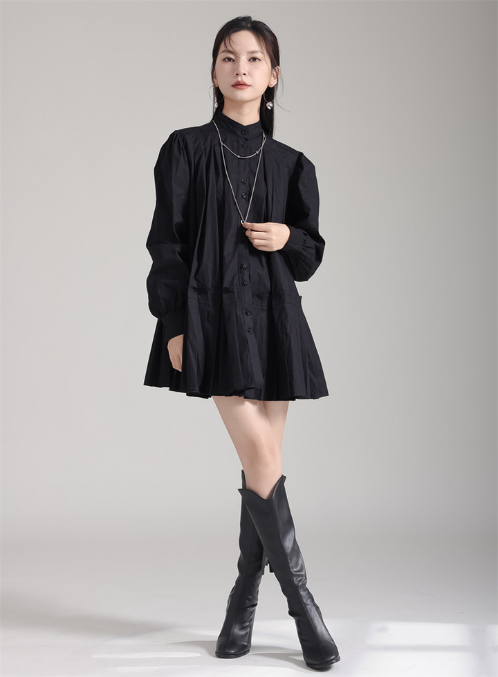 Stand Collar Pleats Long Shirt