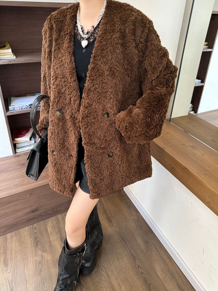 Oversized no-collar fur coat