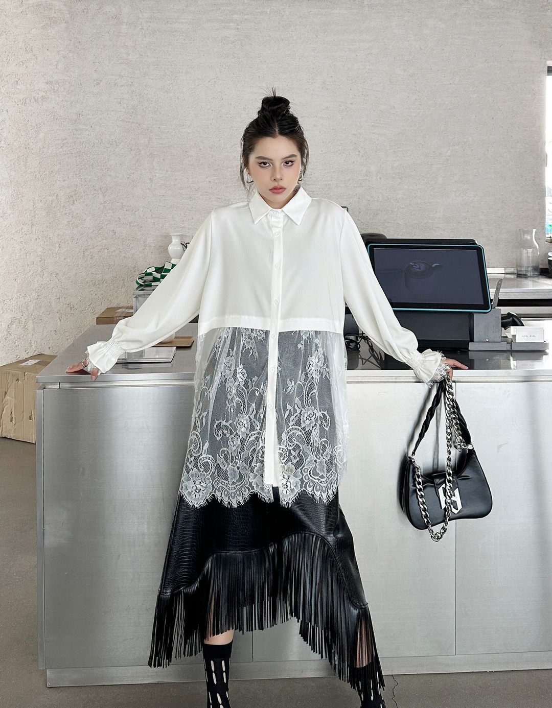 Crochet lace patchwork long sleeve shirt