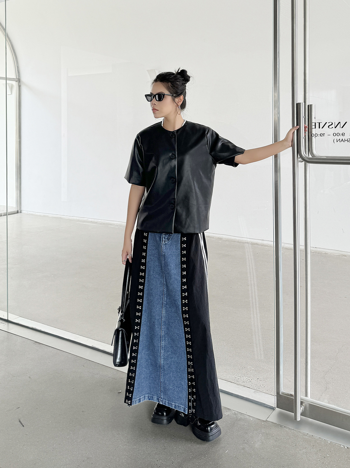 Side line hook denim A-line skirt