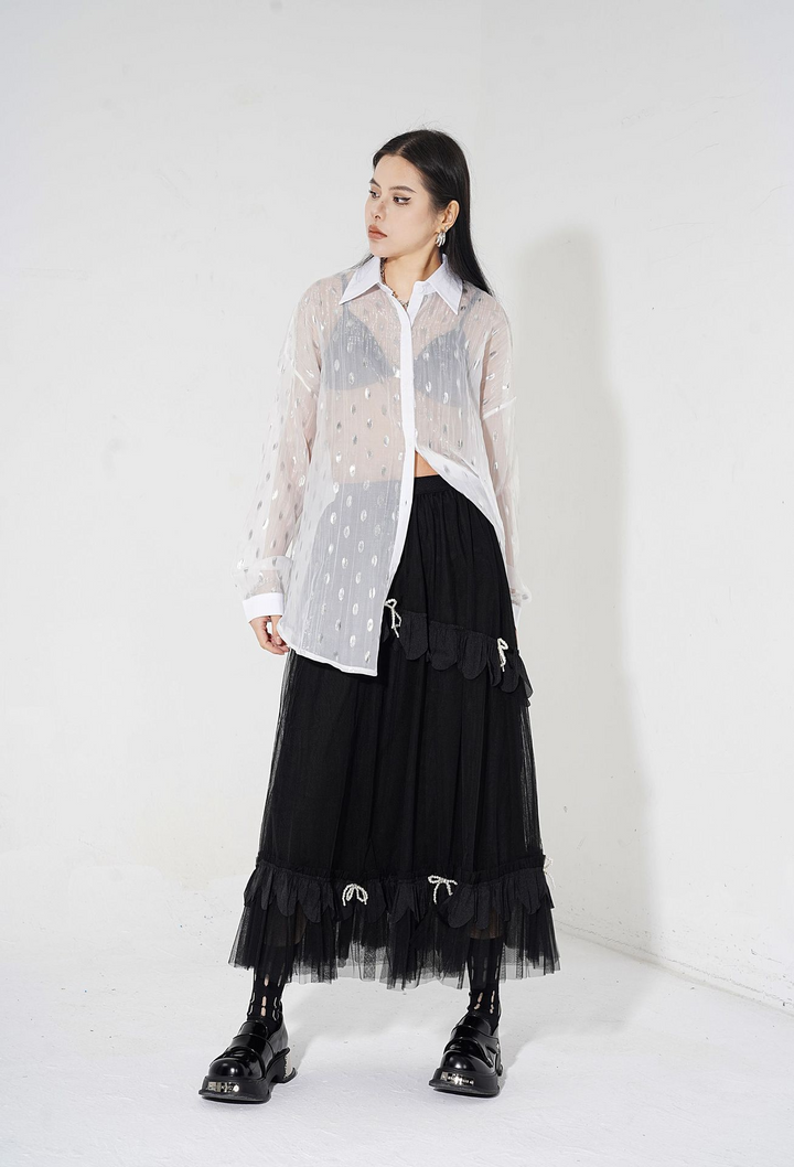 Layered tulle ribbon long skirt