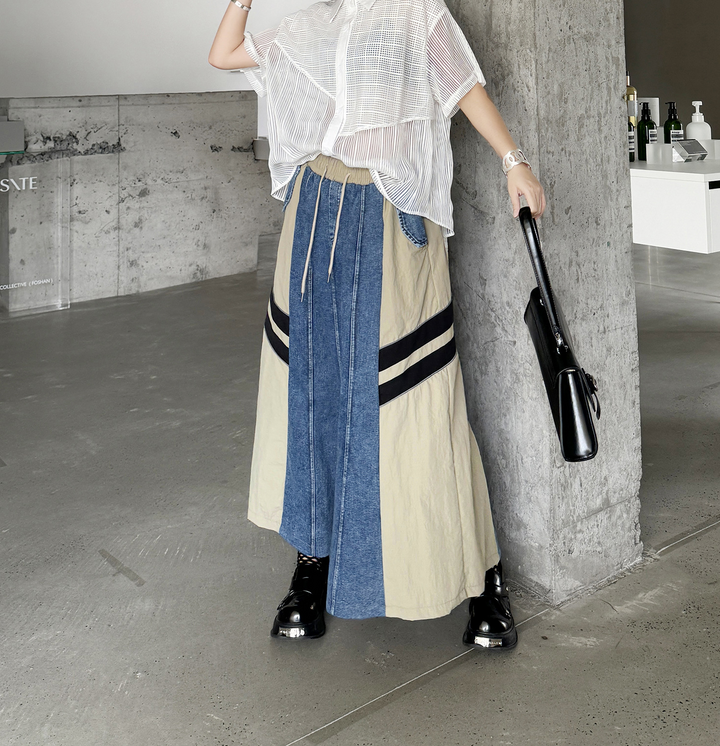 Contrast color stitching two line denim A-line skirt