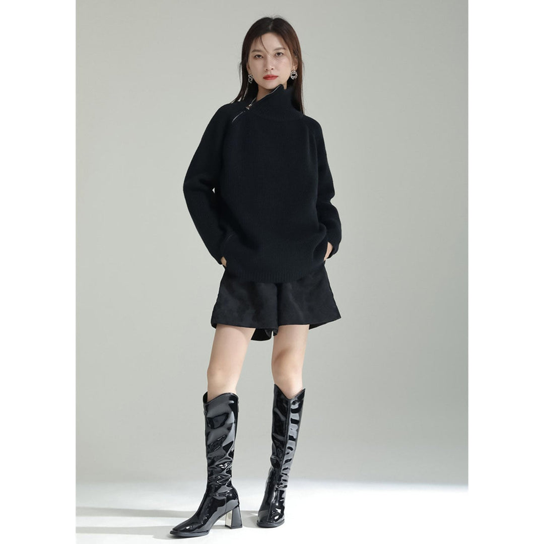 Asymmetry Side Slit Zipper High Neck Knit