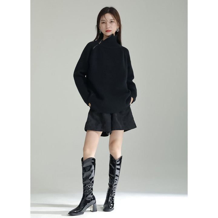 Asymmetry Side Slit Zipper High Neck Knit