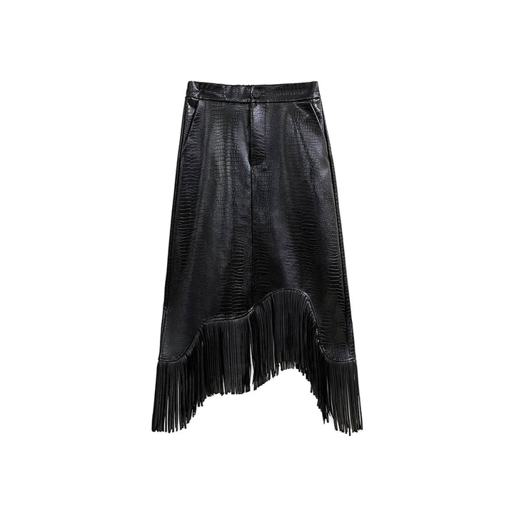 Embossed PU Leather Asymmetry Fringe Skirt