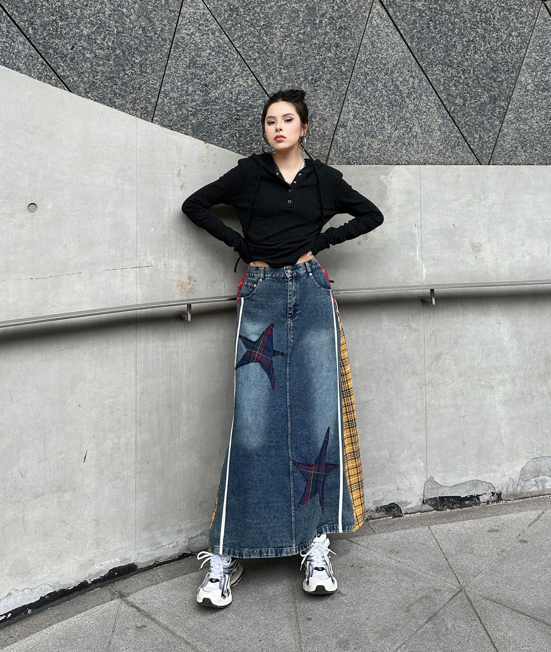 Patchwork plaid high waist A-line denim skirt