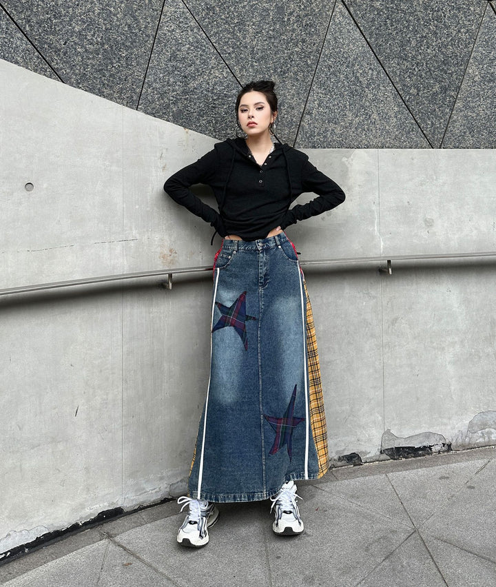 Patchwork plaid high waist A-line denim skirt
