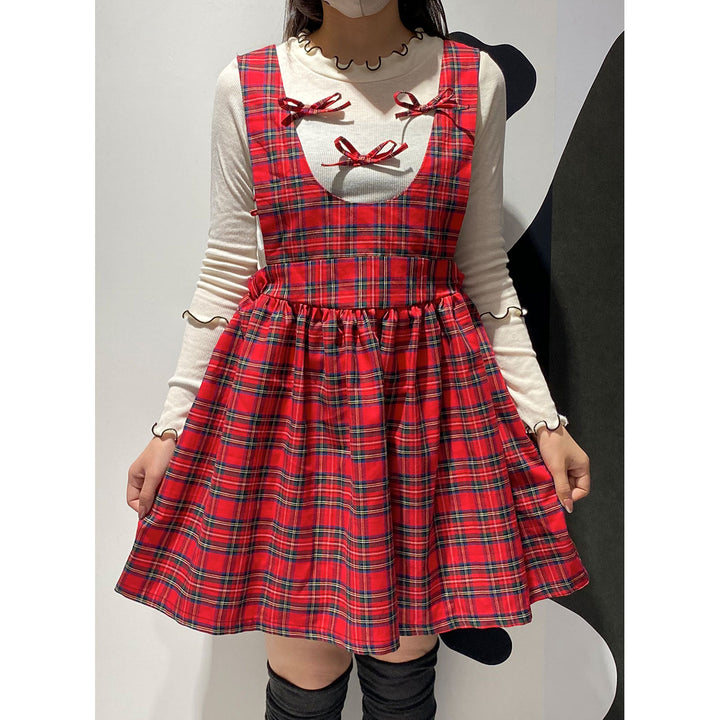 Front ribbon sleeveless onepiece (Red Check) ¥8,980 / ¥9,480
