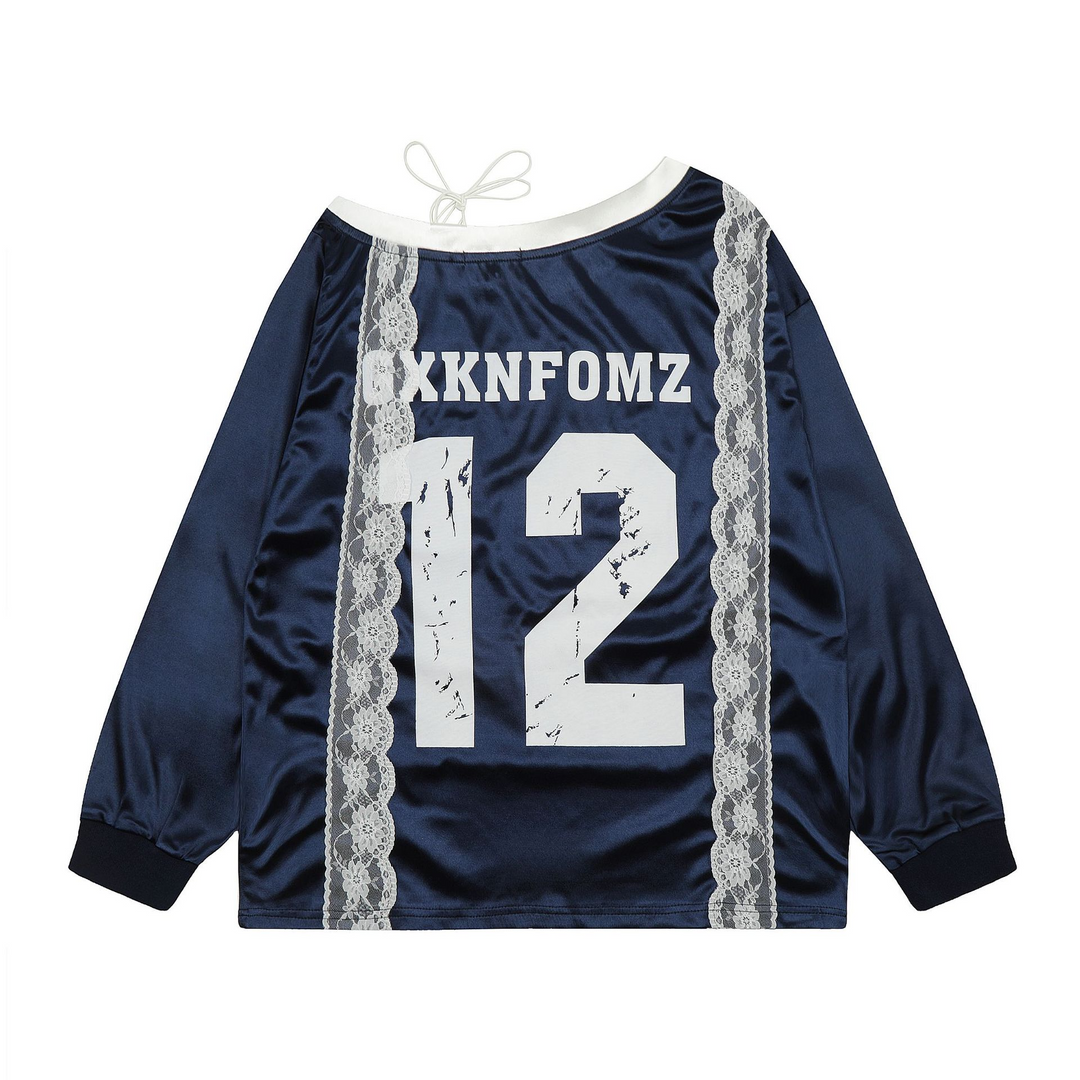 Numbering Lace Ribbon Long Sleeve Tops