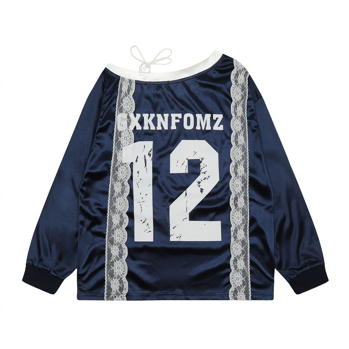 Numbering Lace Ribbon Long Sleeve Tops