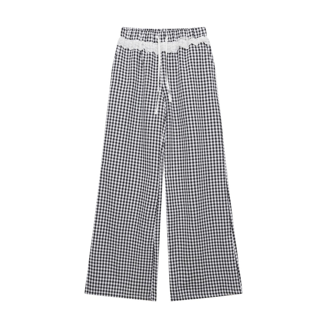 Lace Gingham Check Wide Pants