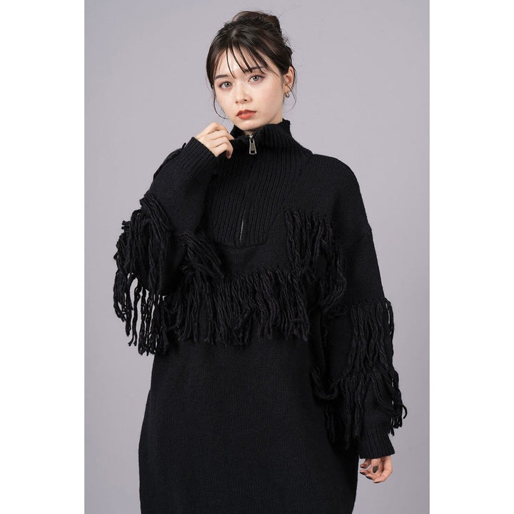 High Neck Fringe Zipper Knit Onepiece