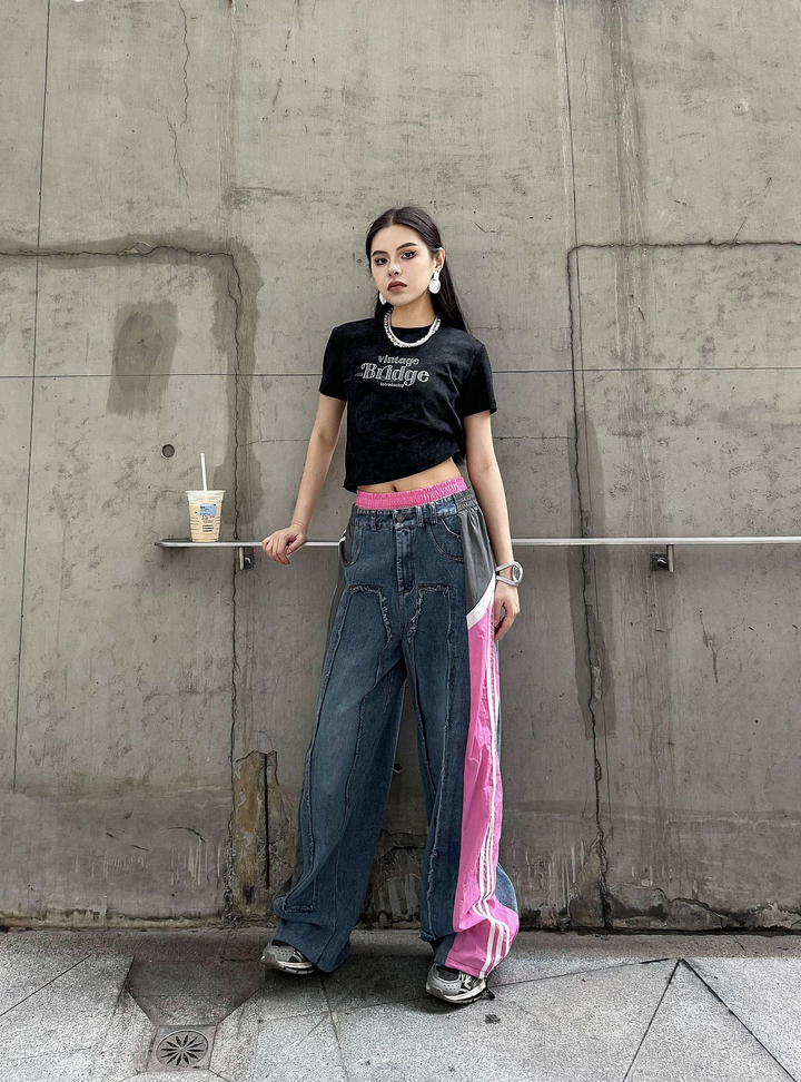 Street color patchwork loose jeans