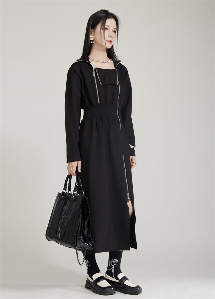 Waist Tightening Zipper Split Mid length Dress