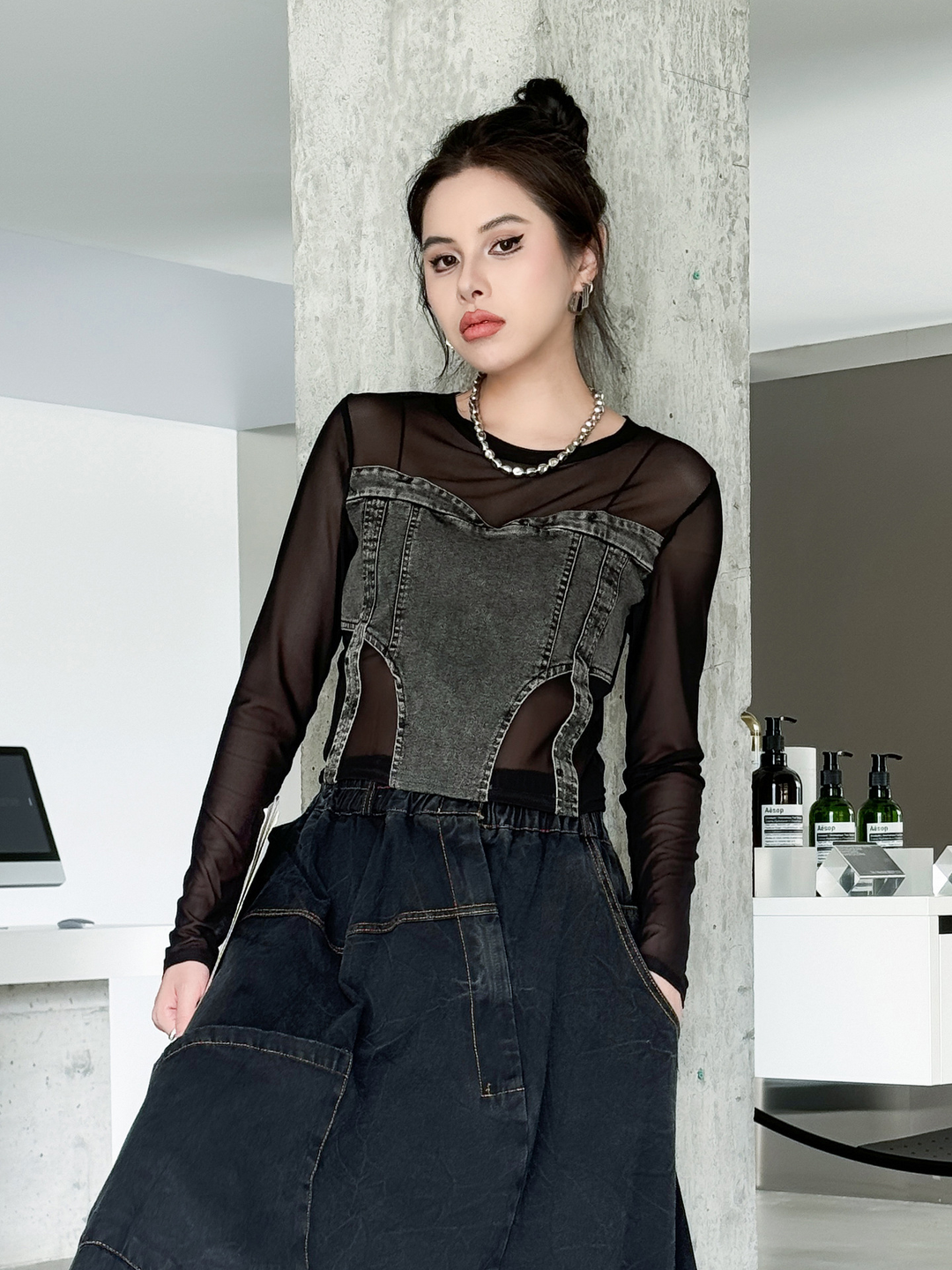 Mesh Denim Long Sleeve Tops