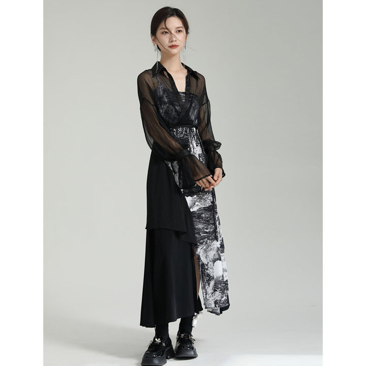 Shirring Sleeve Seer Shirt & Asymmetry Flare Print Camisole Onepiece ¥6,480 / ¥8,980