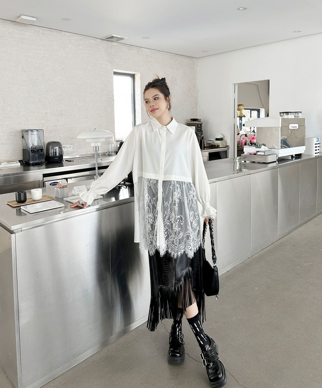 Crochet lace patchwork long sleeve shirt