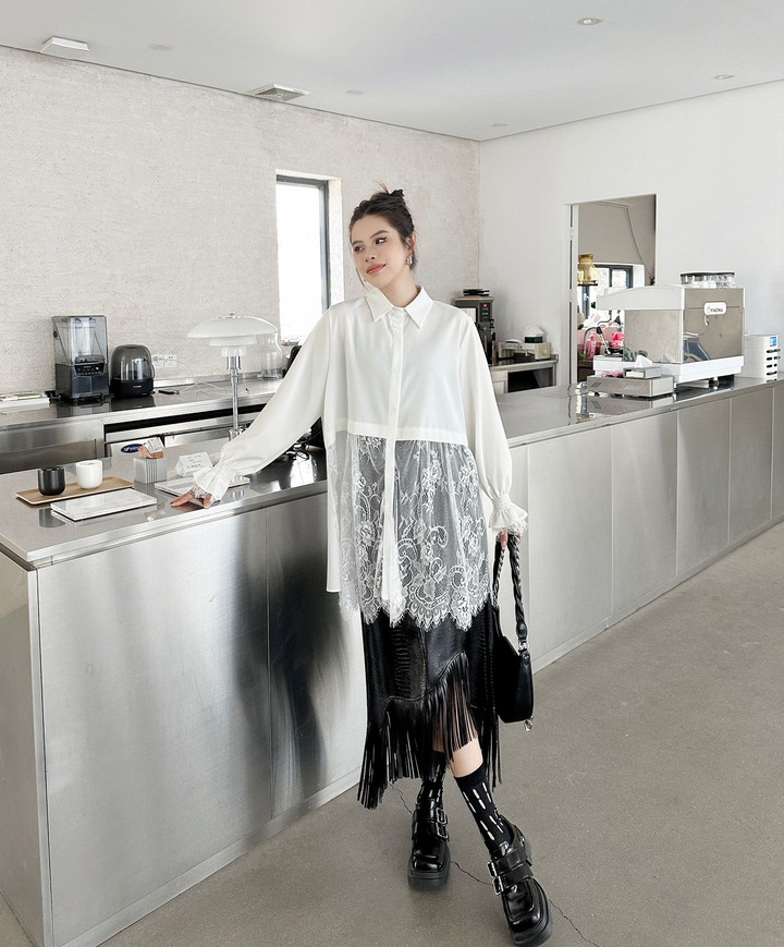 Crochet lace patchwork long sleeve shirt