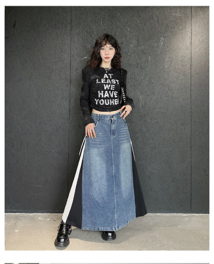 Washed patchwork denim side skirt