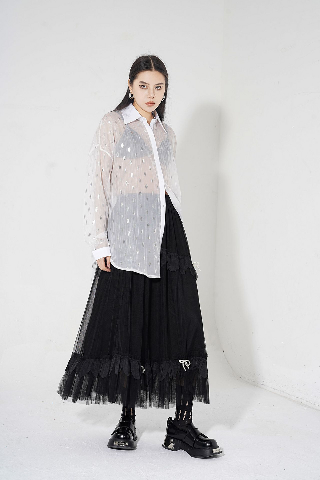 Layered tulle ribbon long skirt