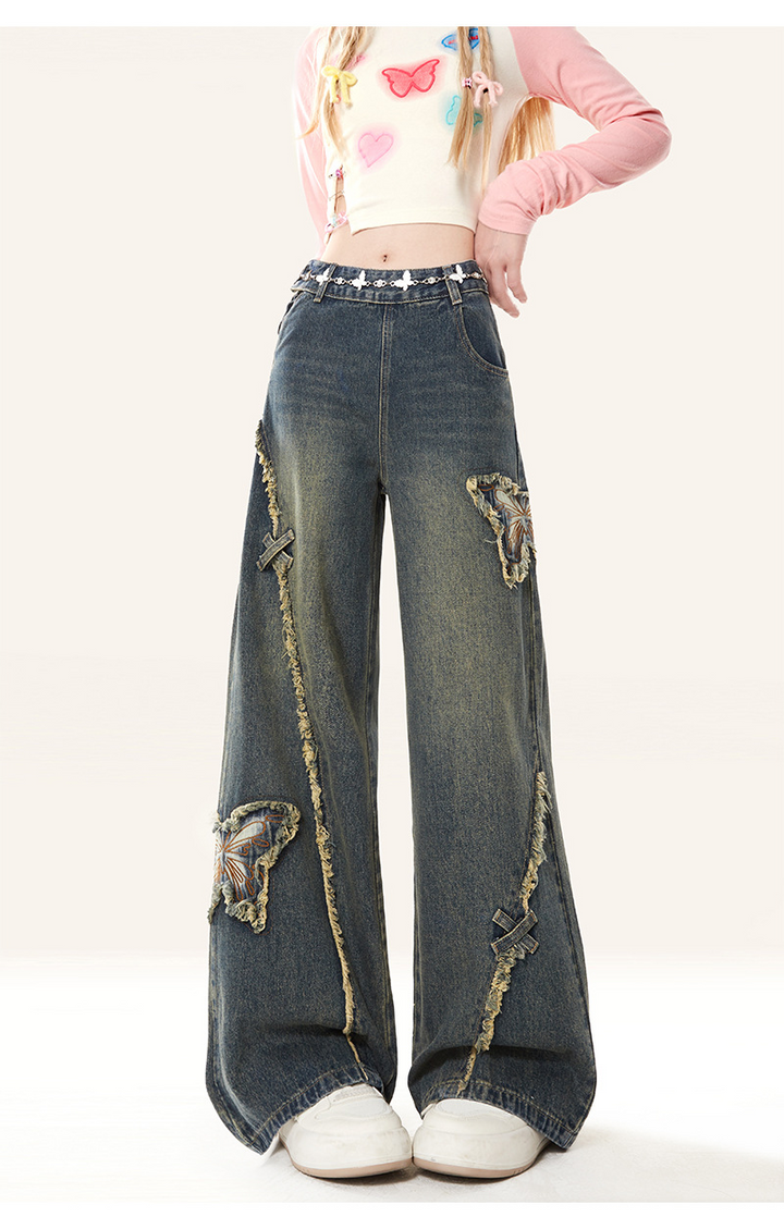 Butterfly Vintage Wide Denim Pants