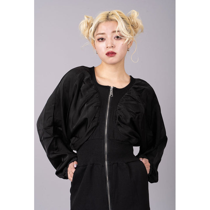 Gathered Sleeve Zipper Tight Onepiece