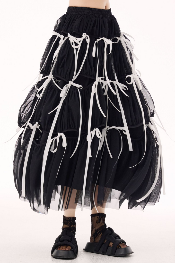 Ribbon stitching long flare gathered tulle skirt