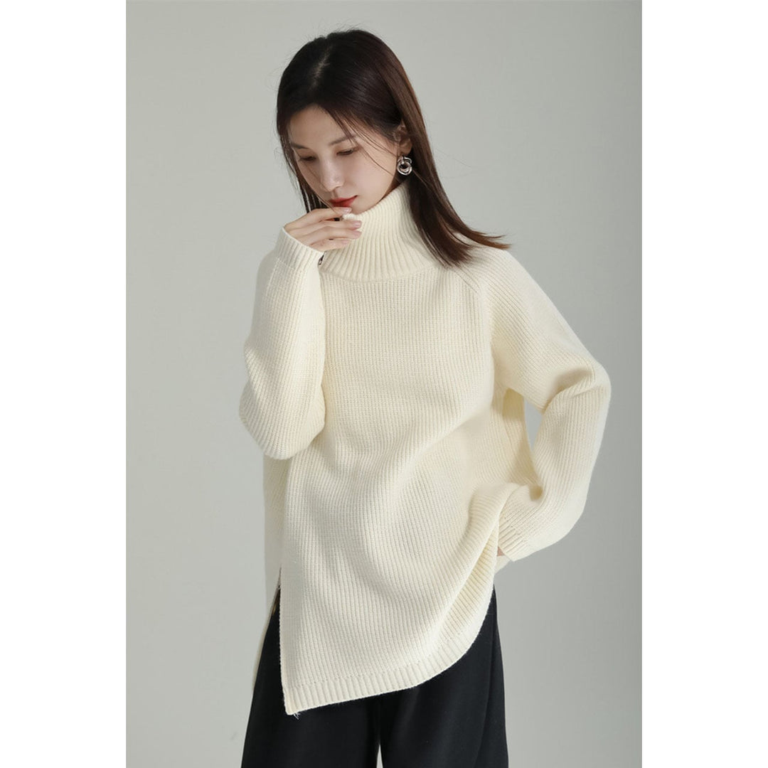 Asymmetry Side Slit Zipper High Neck Knit