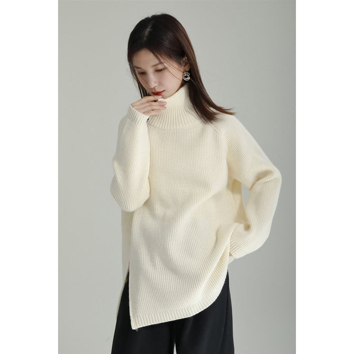 Asymmetry Side Slit Zipper High Neck Knit
