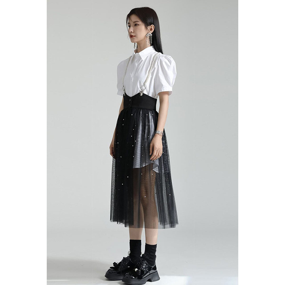 Power Shoulder Long Shirt & Tulle Skirt
