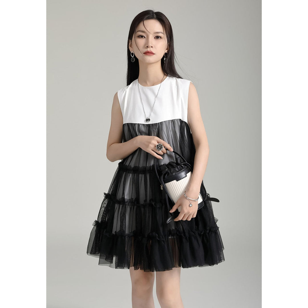 Tulle Tiered Sleeveless Long Blouse