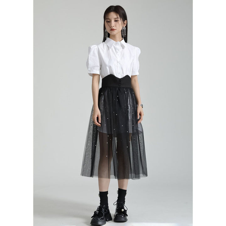 Power Shoulder Long Shirt & Tulle Skirt