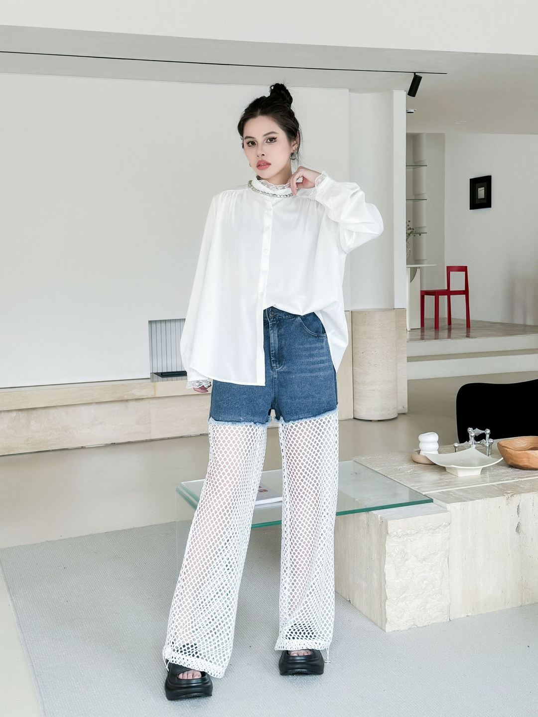 Mesh Patcwork Denim Short Pants