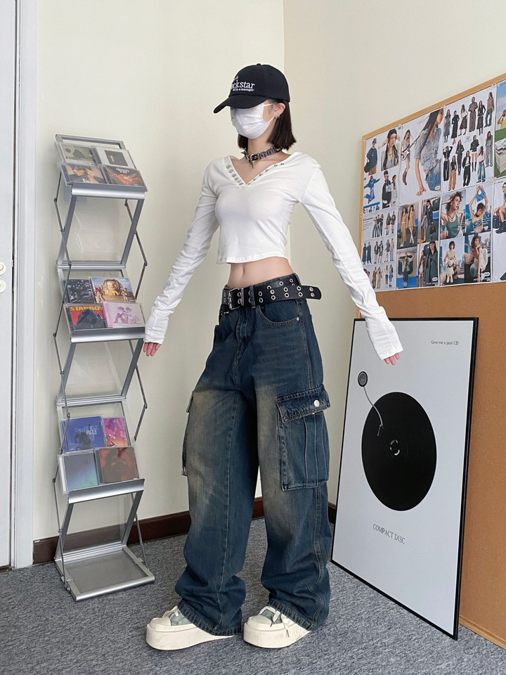 Cargo pants multi-pocket loose straight jeans