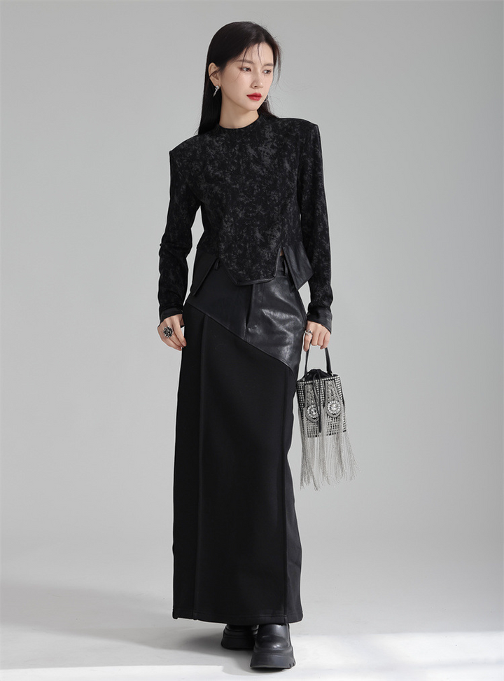 Design Patchwork PU Leather A-line Fleece Skirt